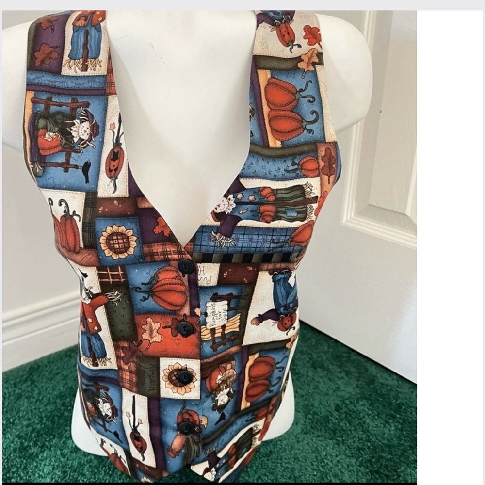 Vintage 90s Folk Art Vest • Whimsical Autumn Print • Adjustable Waist S–L